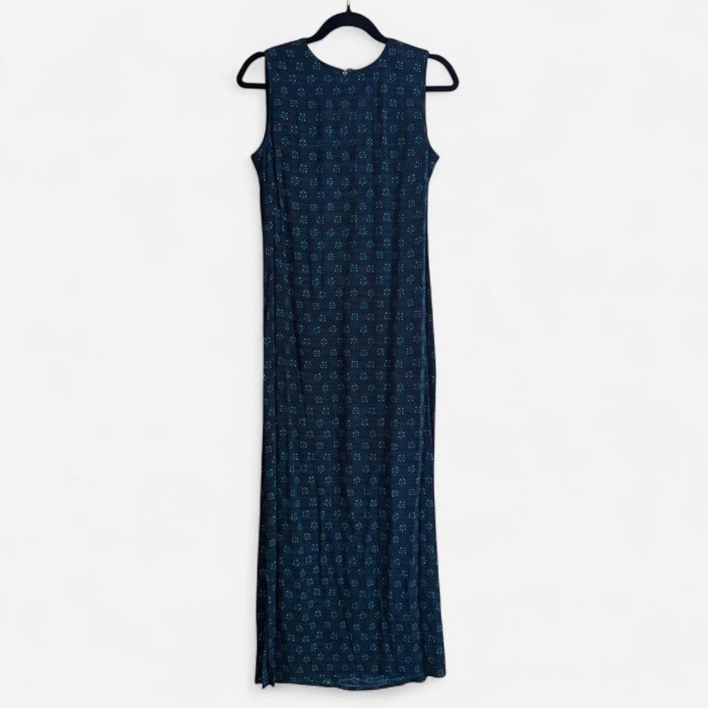 Karin Stevens Dress Maxi Column Sleeveless XS S 6 Vintage 90s Boho Pattern Blue